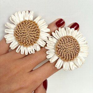 Cynthia Rowley | Cream & tan raffia large 3D woven  fabric flower stud earrings